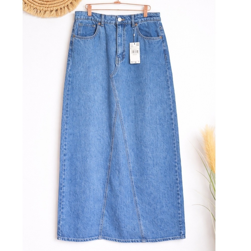 Mango MNG NEW Long Maxi Medium Wash Denim Jean Skirt SZ Large Coastal Cowgirl - Picture 12 of 12